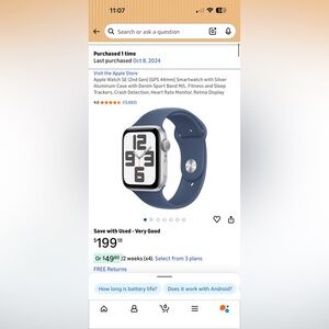 NEW Apple Watch SE (2nd Gen) 44mm Silver, with Navy Blue Band size M/L